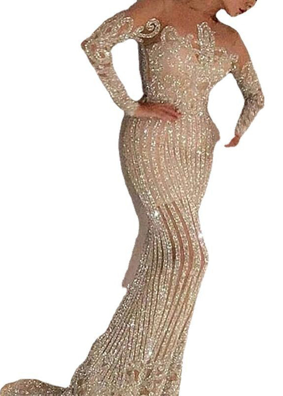 Elegant Beige O Neck Sequins Slim Fit Long Dress Spring