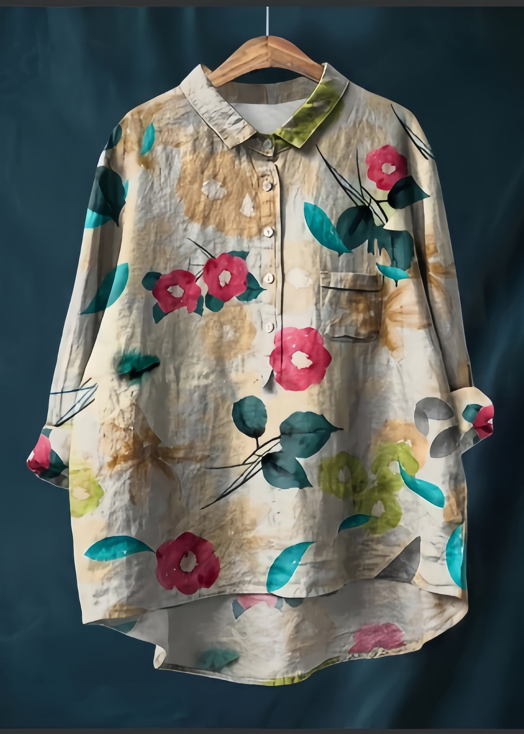 Elegant Beige Oversized Print Cotton Shirt Top Spring