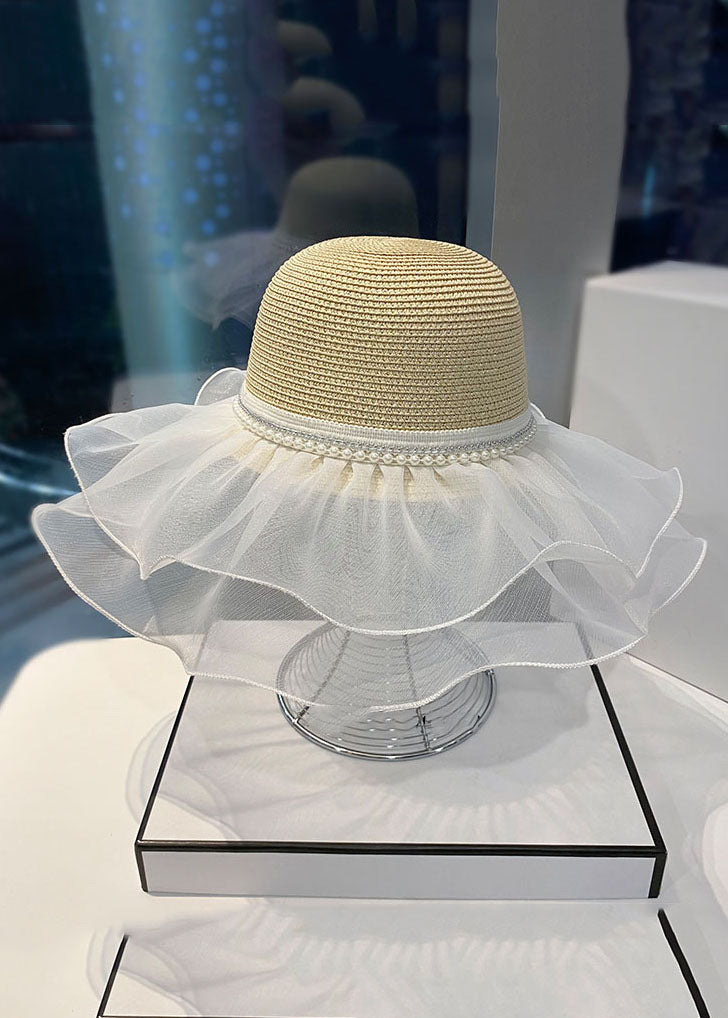 Elegant Beige Pearl Tulle Floppy Sun Hat