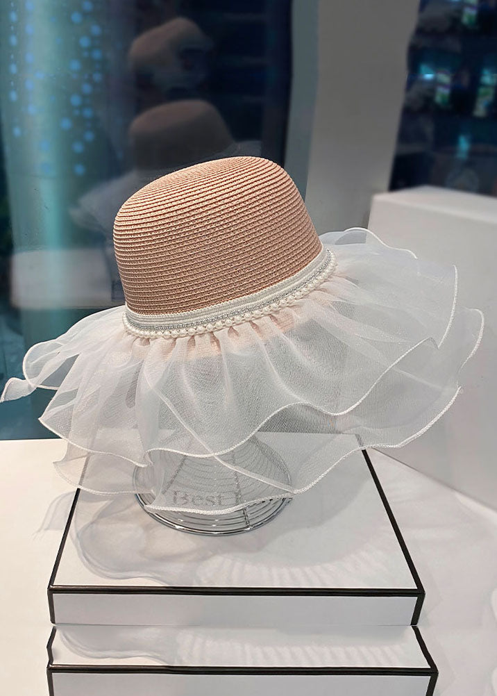 Elegant Beige Pearl Tulle Floppy Sun Hat
