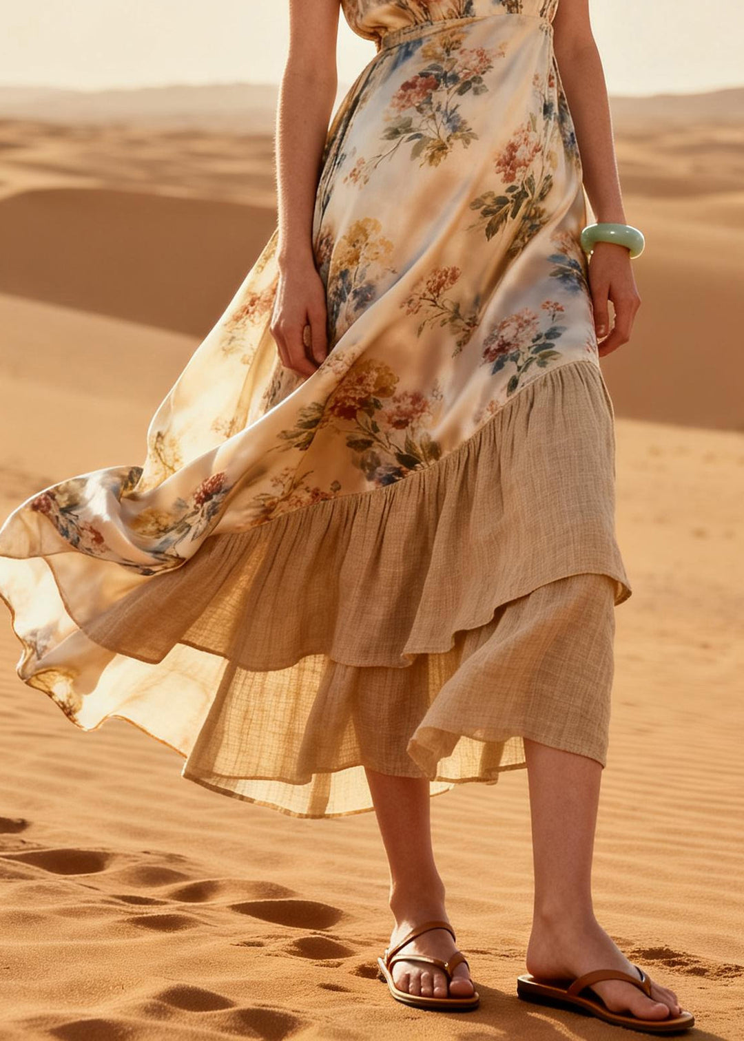Elegant Beige Print Patchwork Linen Silk Maxi Dresses Summer