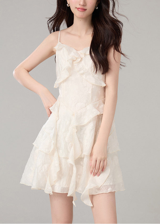 Elegant Beige Ruffled Jacquard Cotton Sundress Summer