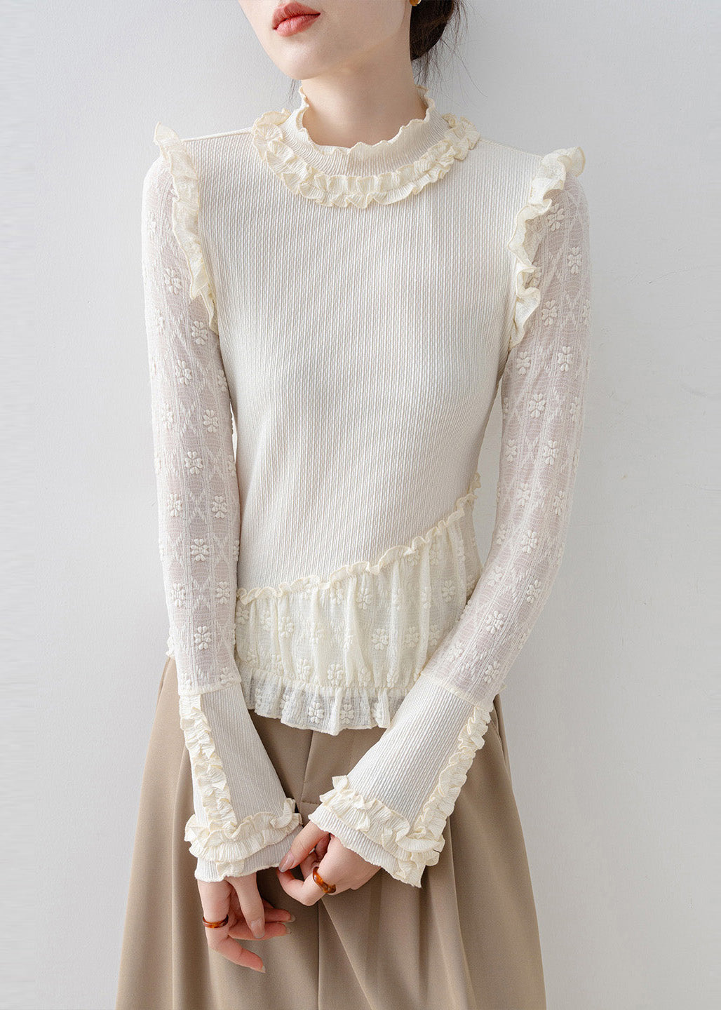 Elegant Beige Ruffled Jacquard Lace Blouses Spring