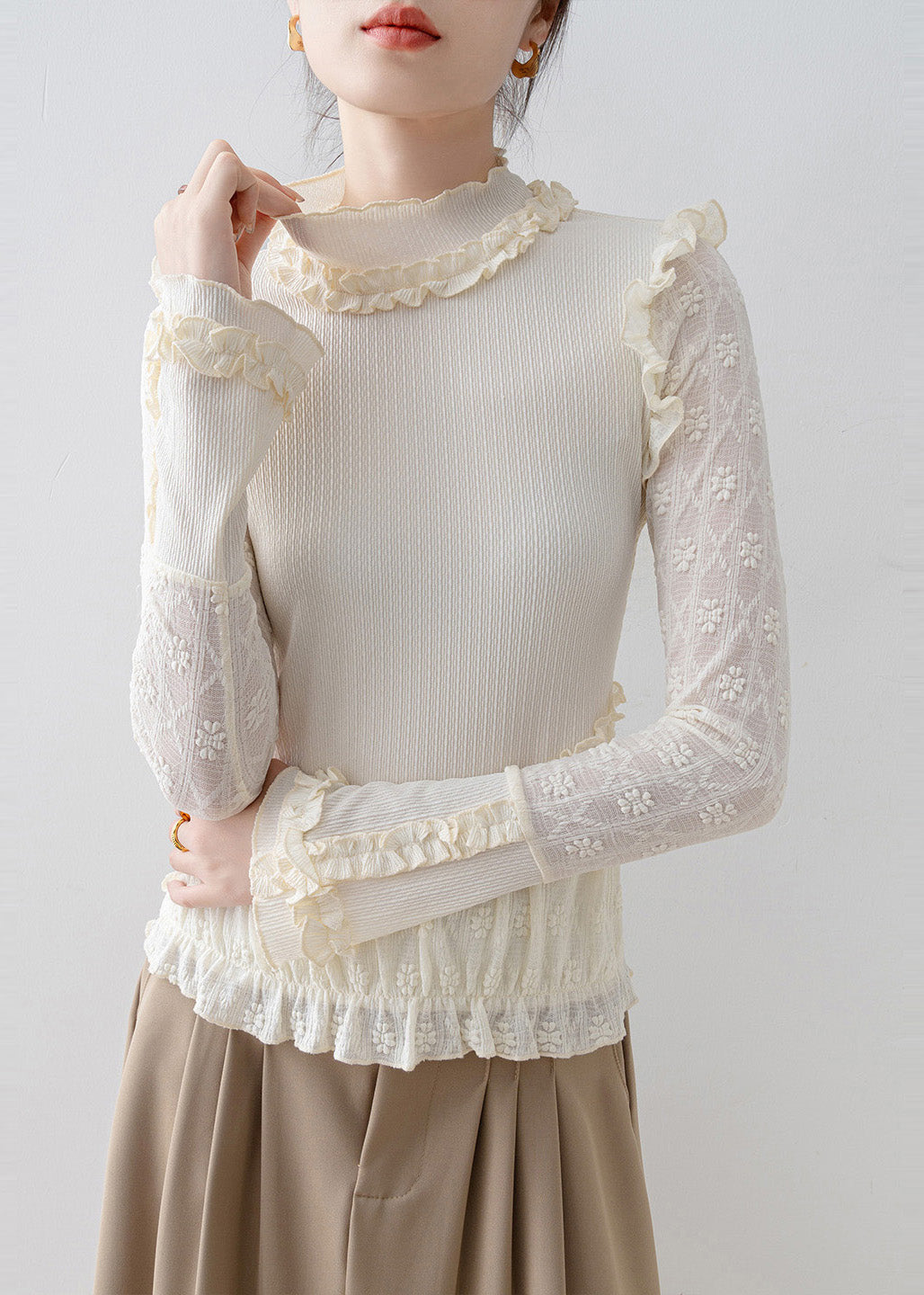 Elegant Beige Ruffled Jacquard Lace Blouses Spring