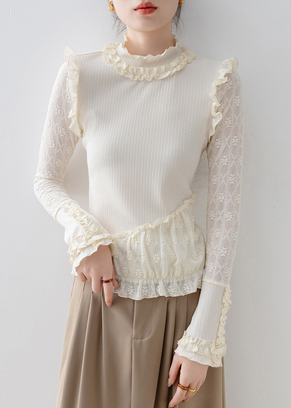 Elegant Beige Ruffled Jacquard Lace Blouses Spring