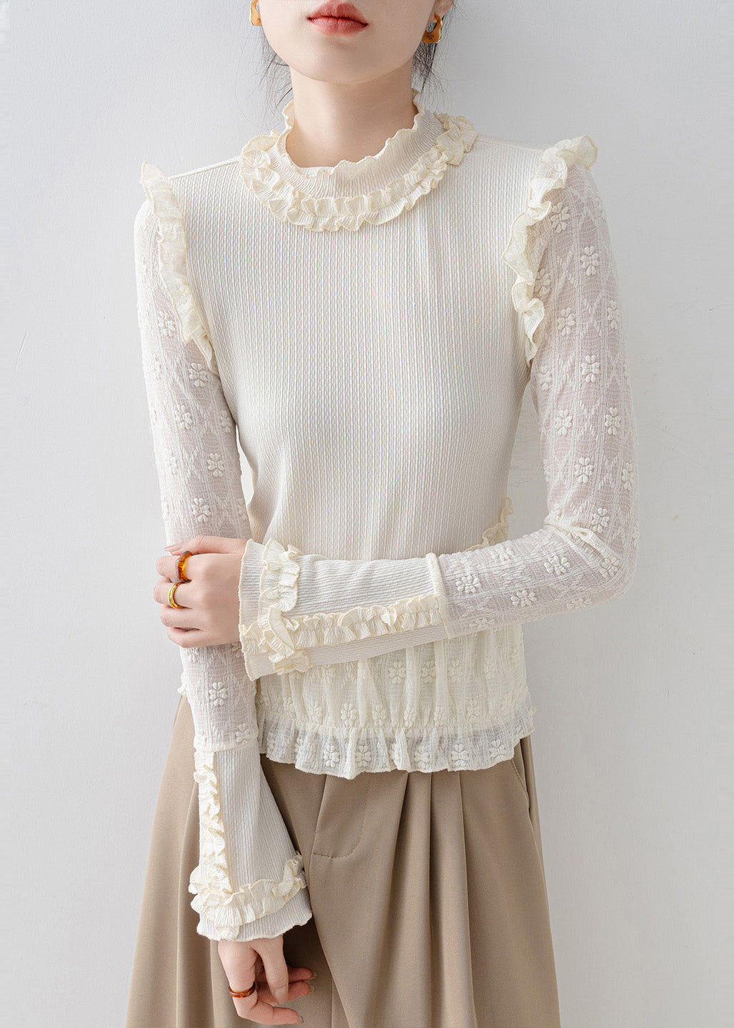 Elegant Beige Ruffled Jacquard Lace Blouses Spring