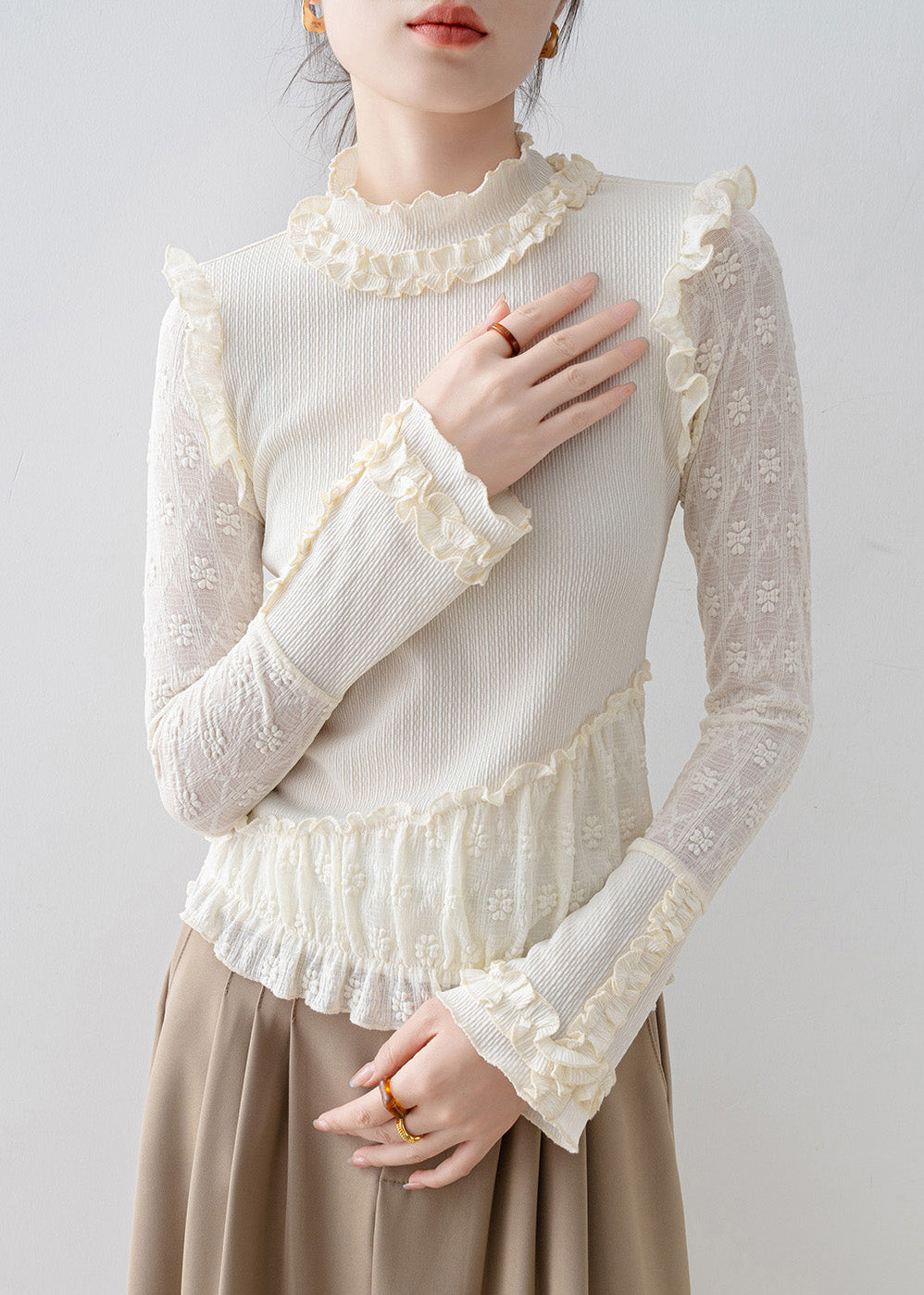 Elegant Beige Ruffled Jacquard Lace Blouses Spring