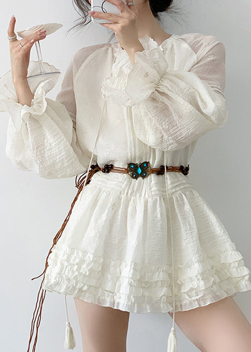 Elegant Beige Ruffled Lace Up Cotton Mini Dress Fall