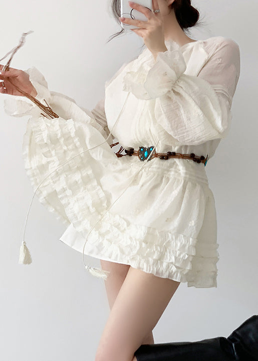Elegant Beige Ruffled Lace Up Cotton Mini Dress Fall