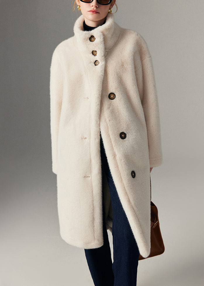 Elegant Beige Stand Collar Button Leather And Fur Coats Winter