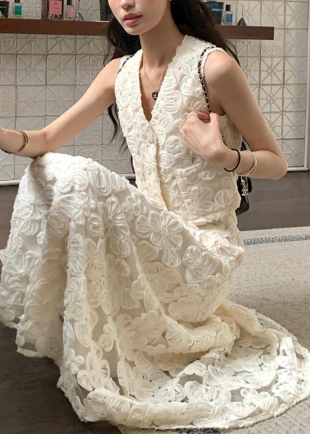 Elegant Beige V Neck Floral High Waist Cotton Two Pieces Set Sleeveless
