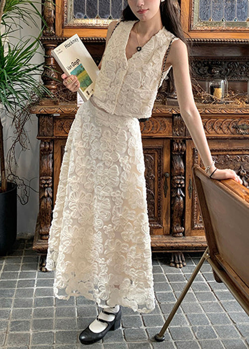 Elegant Beige V Neck Floral High Waist Cotton Two Pieces Set Sleeveless