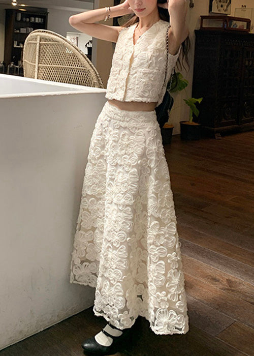 Elegant Beige V Neck Floral High Waist Cotton Two Pieces Set Sleeveless