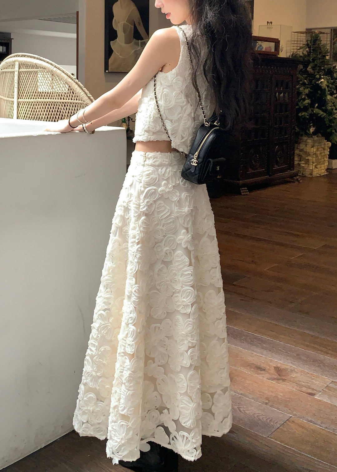 Elegant Beige V Neck Floral High Waist Cotton Two Pieces Set Sleeveless
