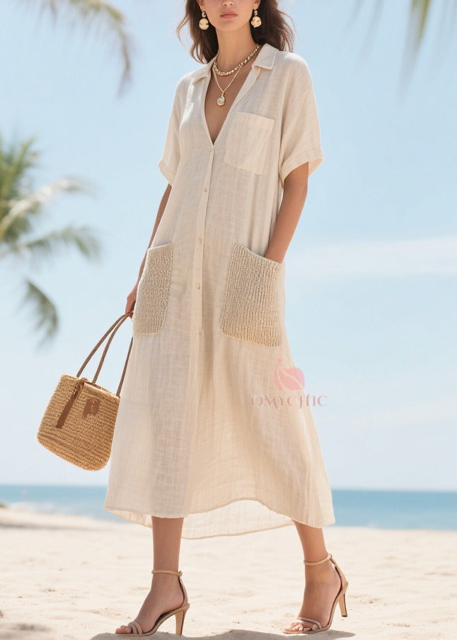 Elegant Beige V Neck Patchwork Pockets Cotton Vacation Dresses Summer