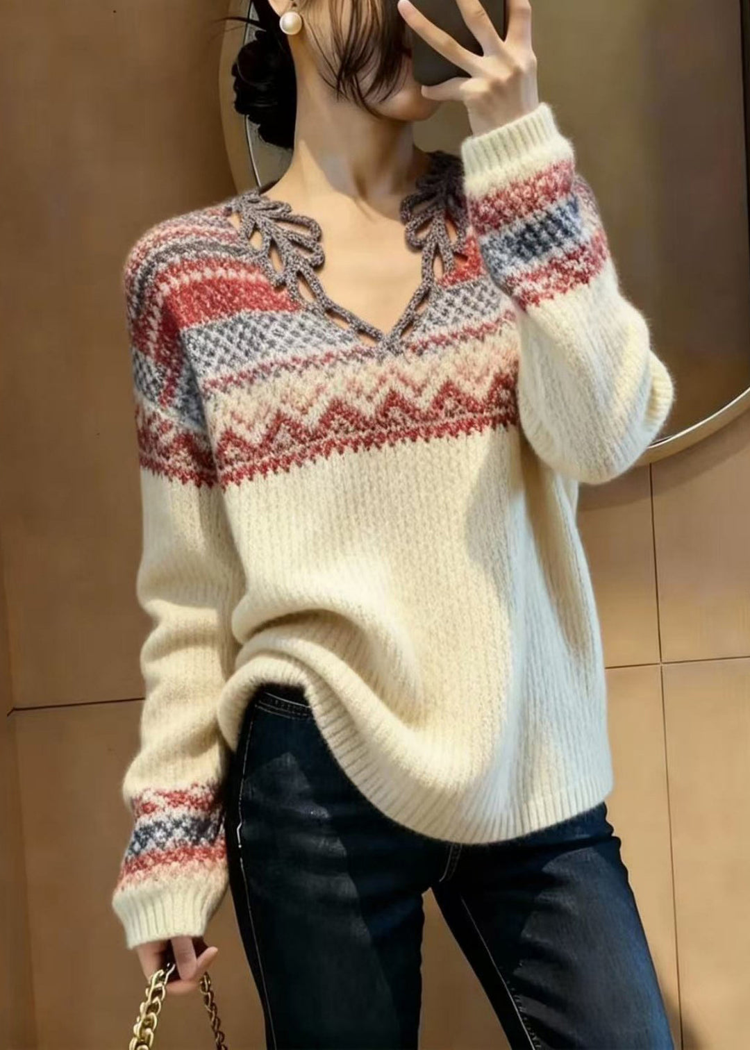 Elegant Beige V Neck Print Knitted Tops Spring - Omychic