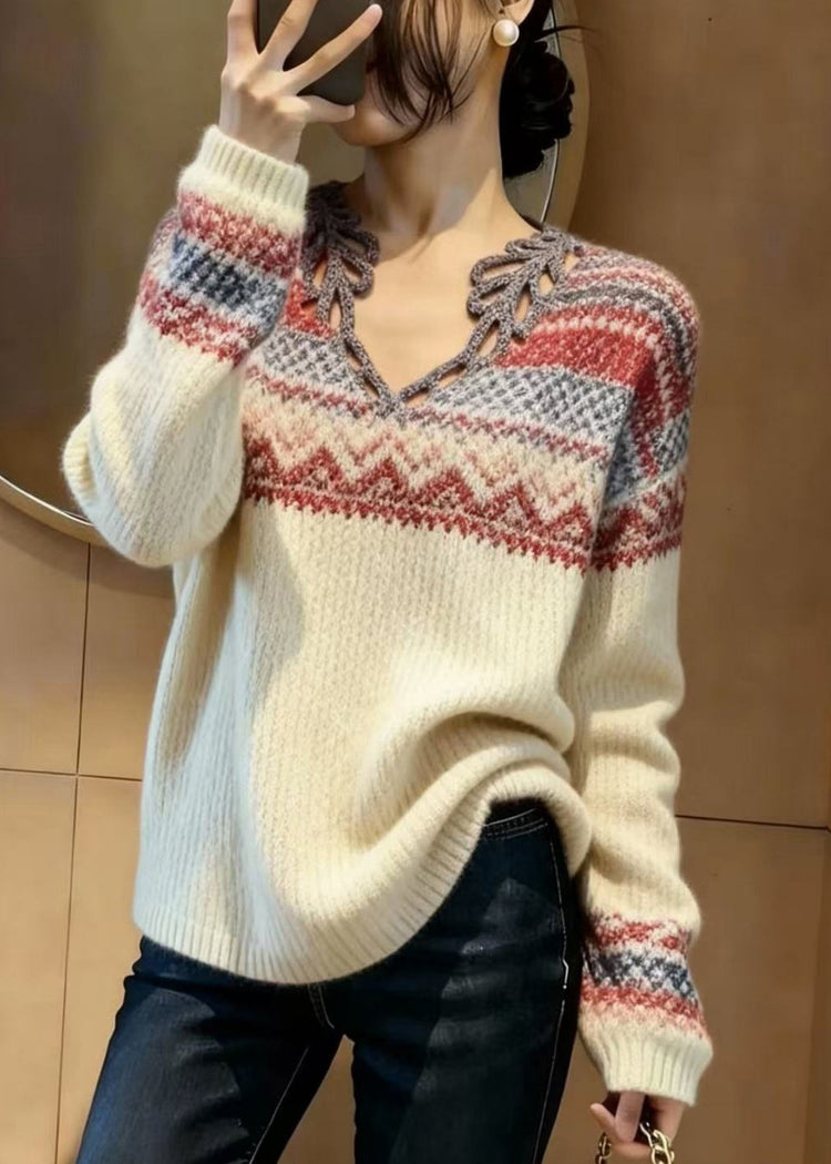 Elegant Beige V Neck Print Knitted Tops Spring - Omychic