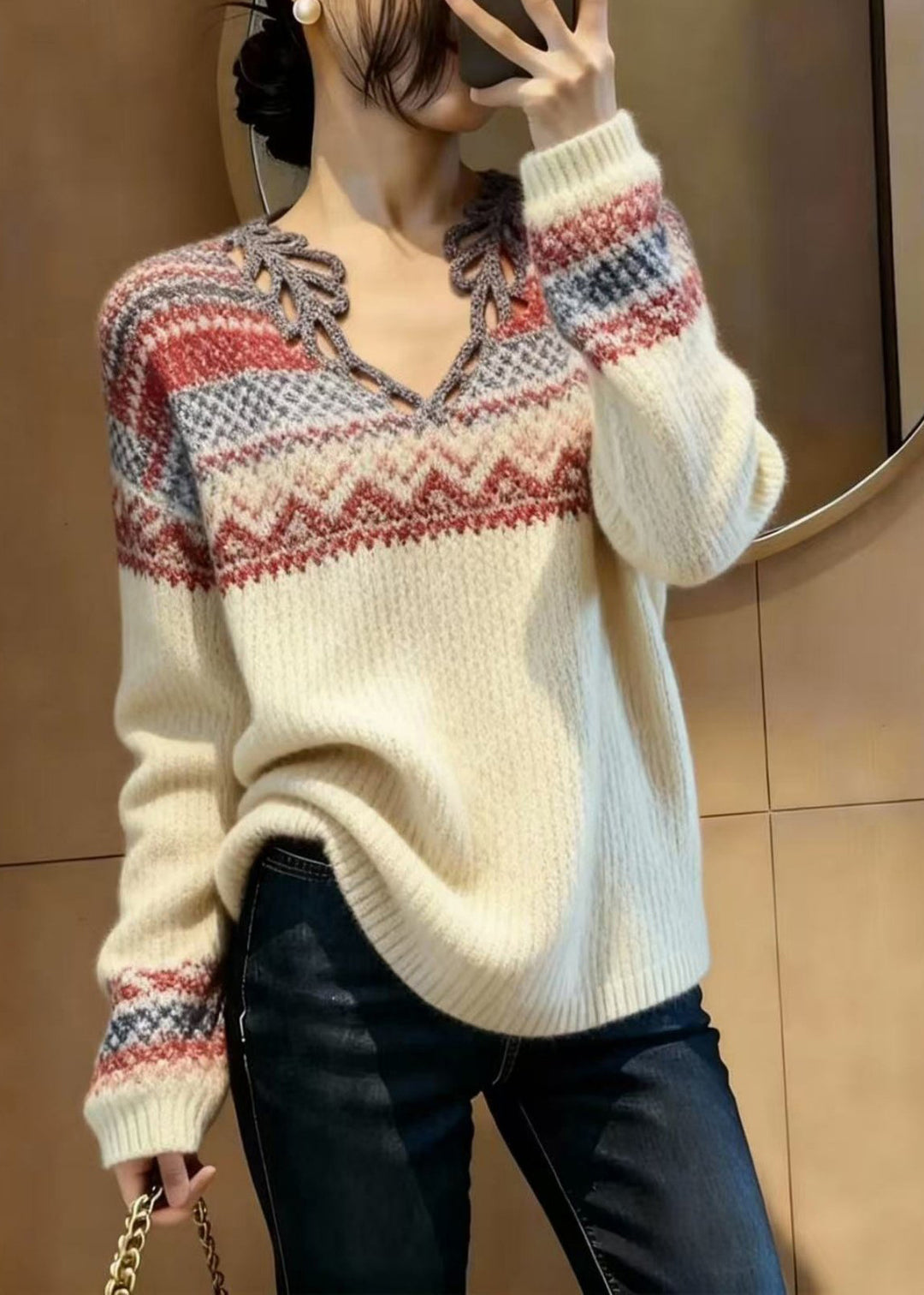 Elegant Beige V Neck Print Knitted Tops Spring - Omychic