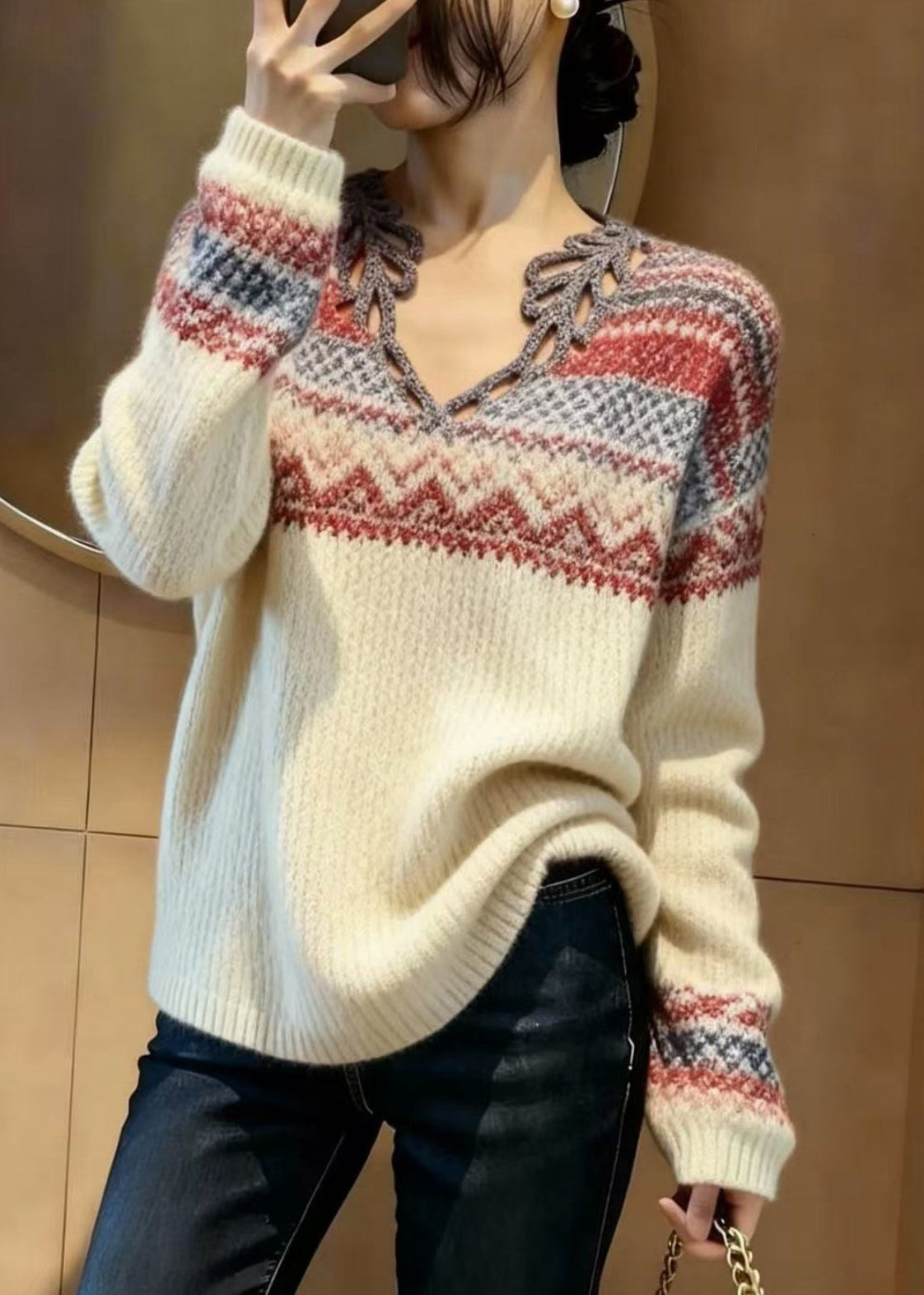 Elegant Beige V Neck Print Knitted Tops Spring - Omychic