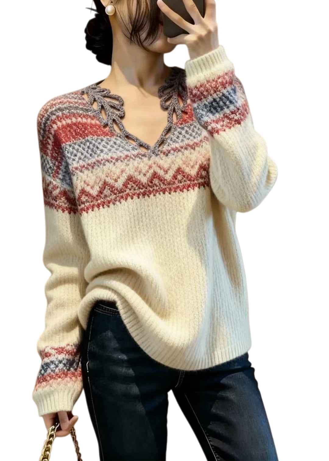 Elegant Beige V Neck Print Knitted Tops Spring - Omychic