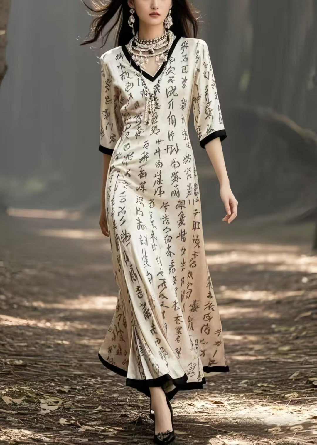 Elegant Beige V Neck Print Silk Holiday Dress Half Sleeve
