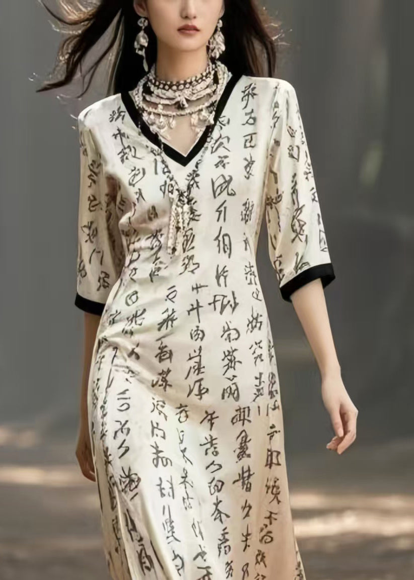 Elegant Beige V Neck Print Silk Holiday Dress Half Sleeve