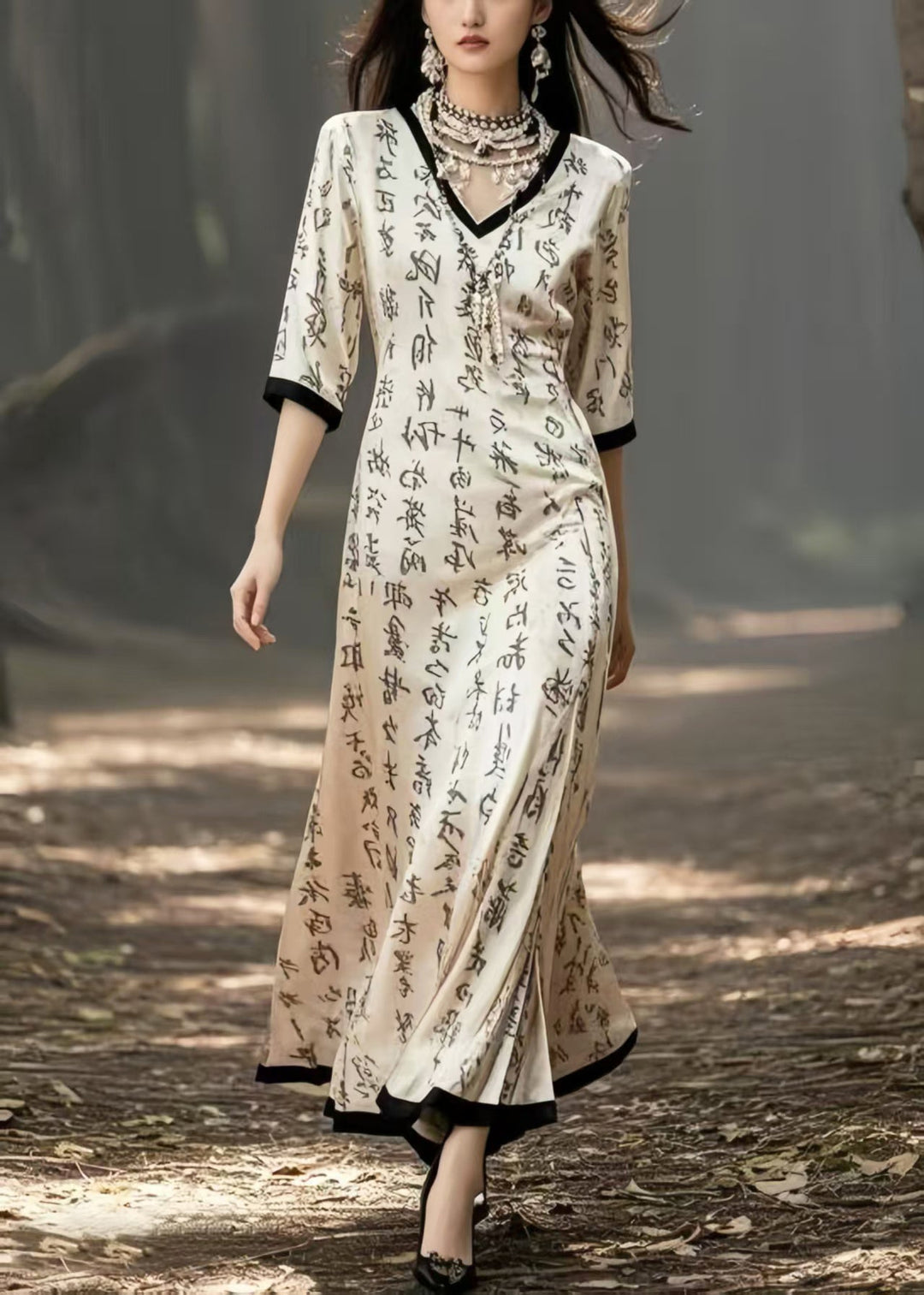 Elegant Beige V Neck Print Silk Holiday Dress Half Sleeve