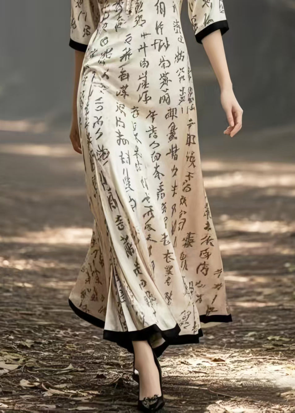 Elegant Beige V Neck Print Silk Holiday Dress Half Sleeve