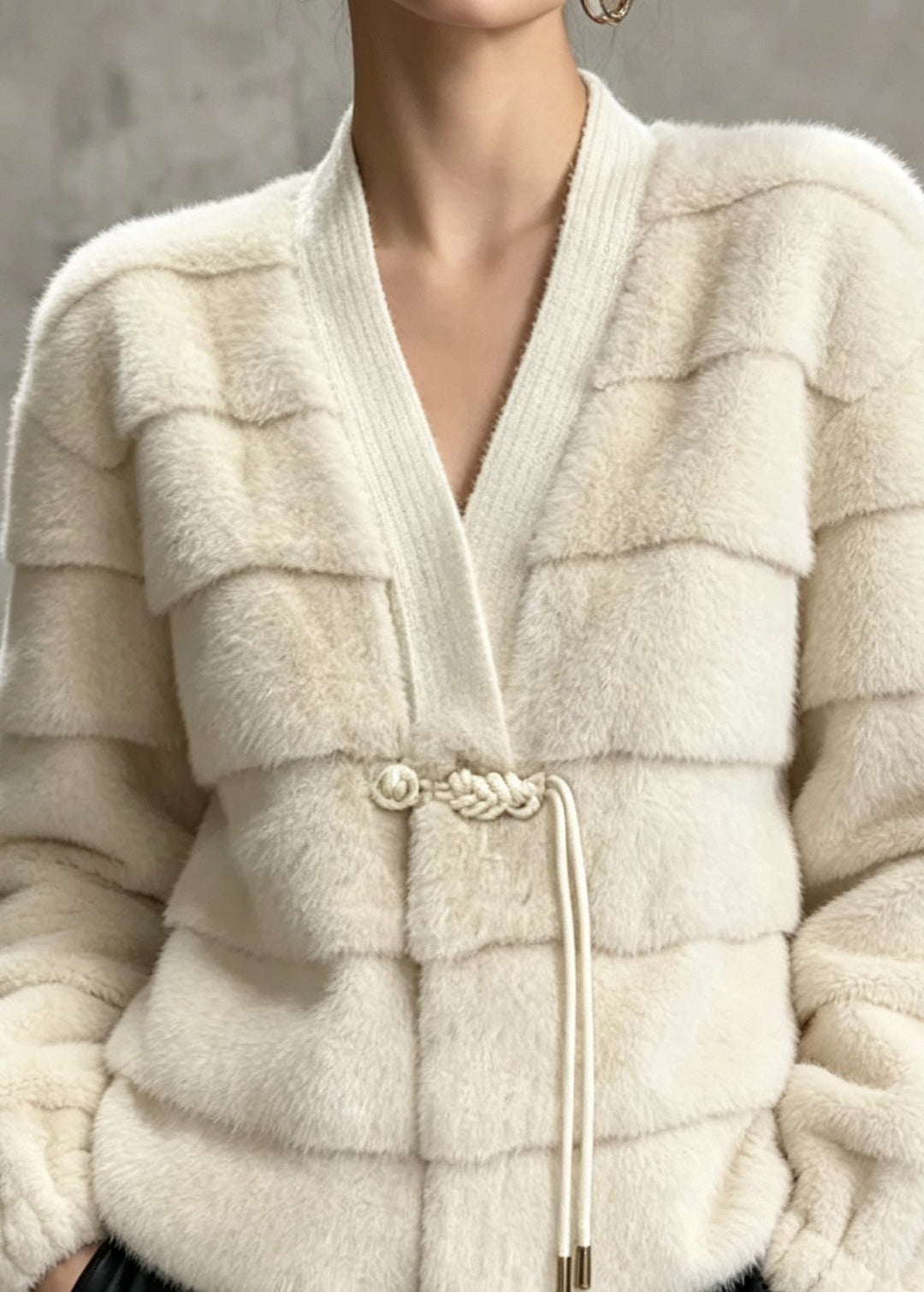Elegant Beige V Neck Tassel Patchwork Faux Fur Jackets Winter