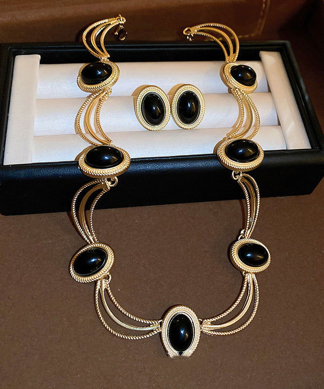 Elegant Black Alloy Gem Stone Drop Earrings And Princess Necklace Two-Piece Set