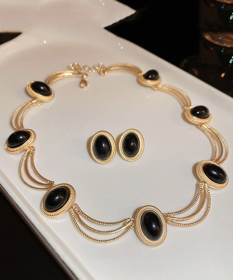 Elegant Black Alloy Gem Stone Drop Earrings And Princess Necklace Two-Piece Set