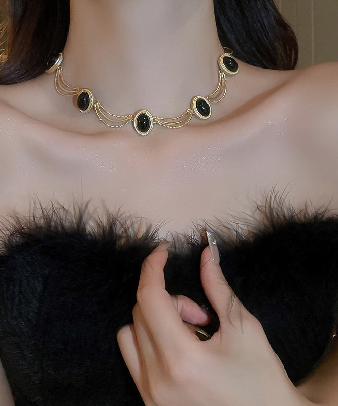Elegant Black Alloy Gem Stone Drop Earrings And Princess Necklace Two-Piece Set