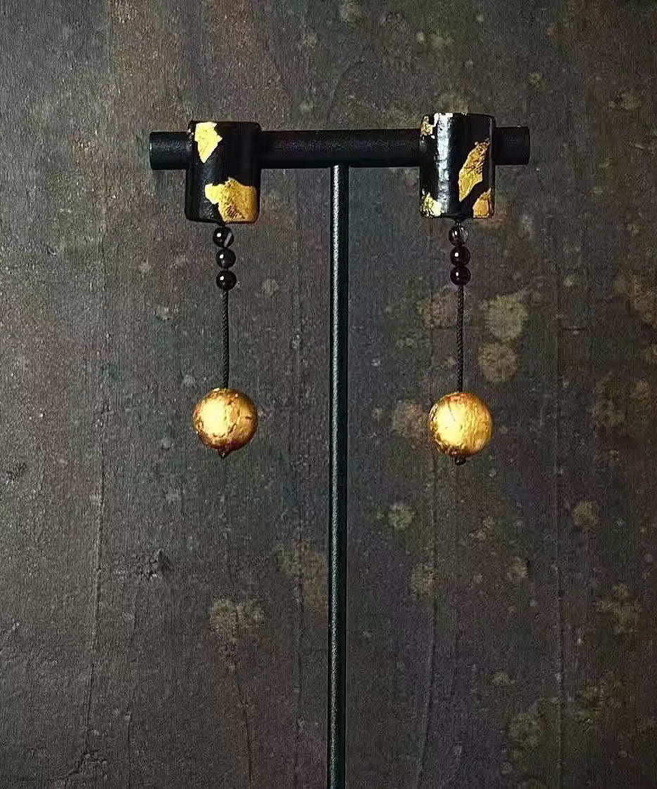 Elegant Black Alloy Silver Post Gold Foil Drop Earrings