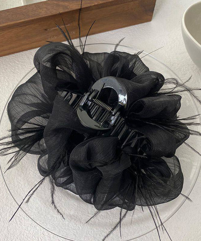 Elegant Black Alloy Tulle Bow Feather Hairpin