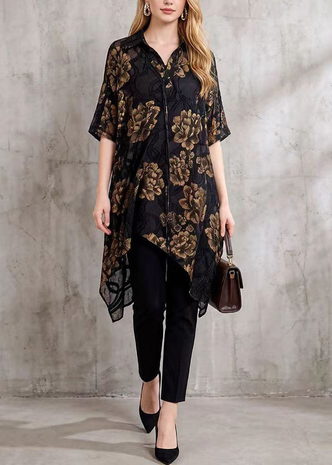 Elegant Black Asymmetrical Floral Silk Blouse Tops Summer1