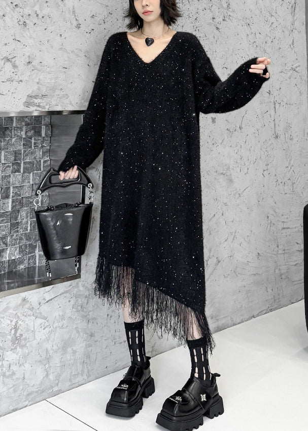 Elegant Black Asymmetrical Tulle Patchwork Sequins Cotton Knit Sweater Dress Fall