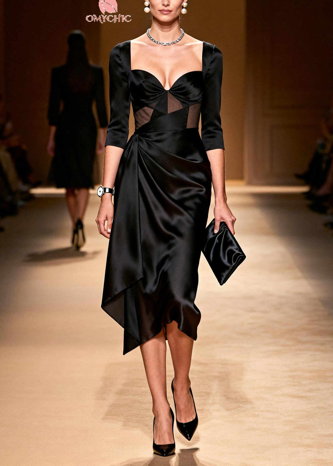 Elegant Black Bustier Asymmetrical Wrinkled Silk Party Dress Summer