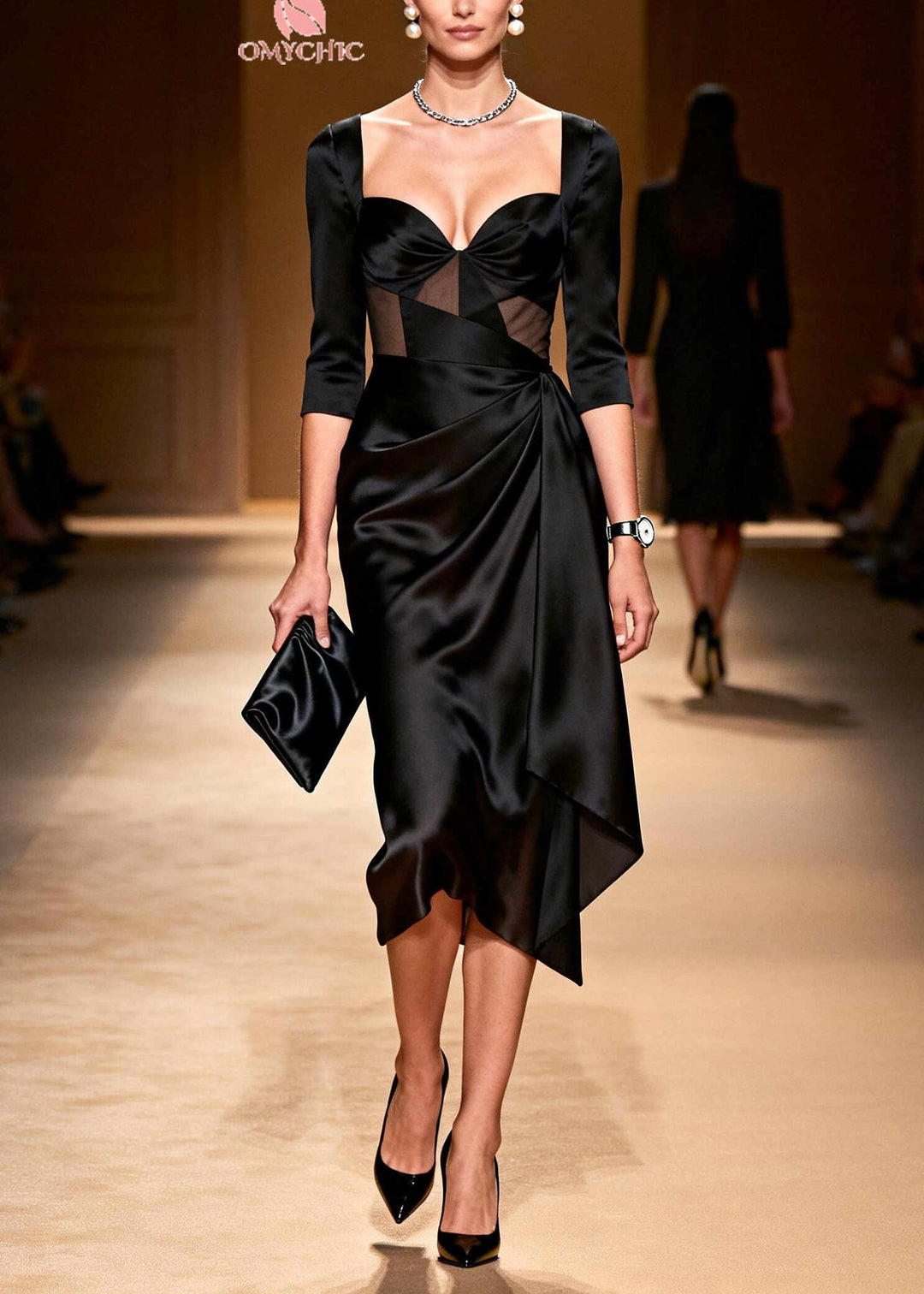 Elegant Black Bustier Asymmetrical Wrinkled Silk Party Dress Summer