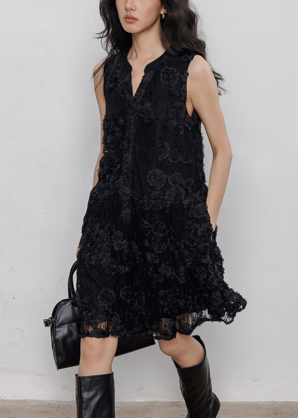 Elegant Black Button Hollow Out Lace Mid Dresses Sleeveless