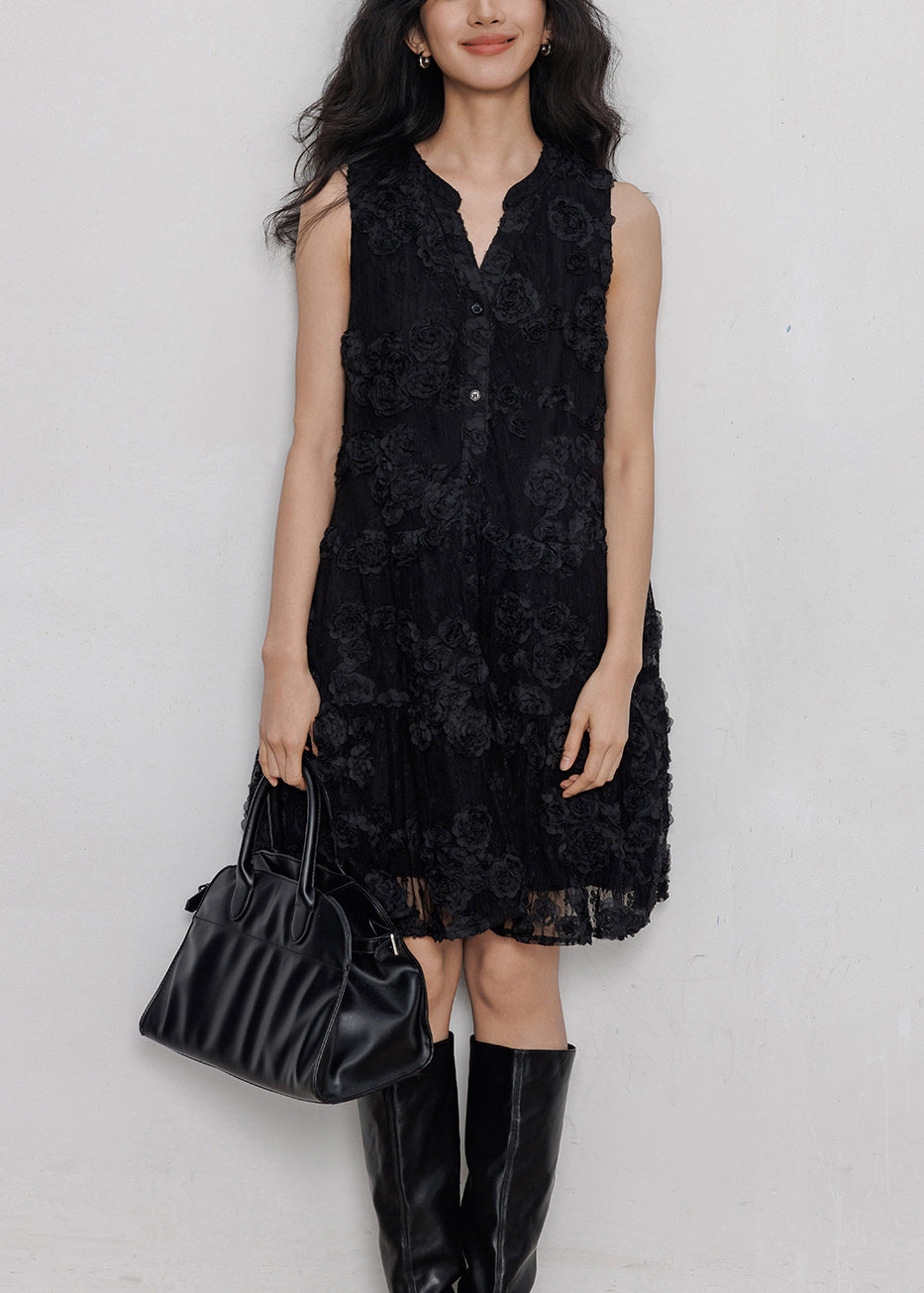 Elegant Black Button Hollow Out Lace Mid Dresses Sleeveless