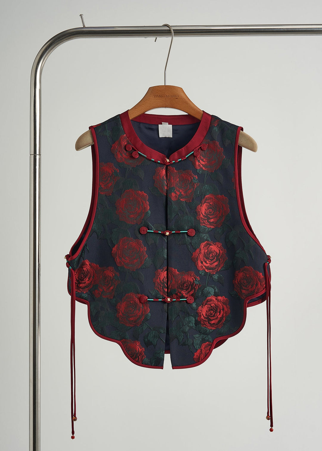 Elegant Black Chinese Button Floral Jacquard Silk Vests Fall