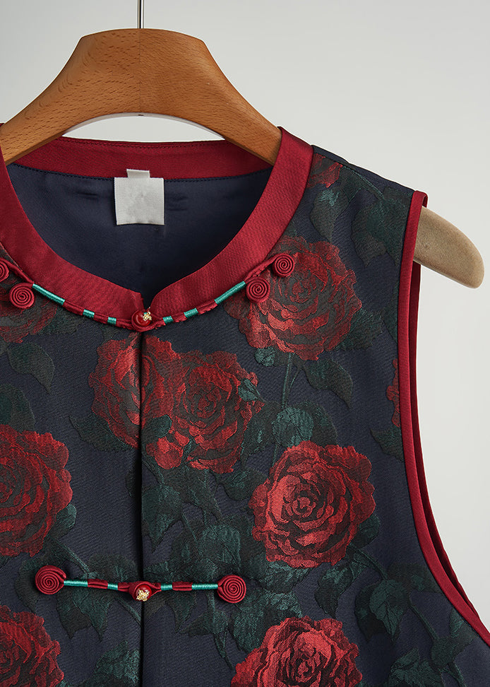 Elegant Black Chinese Button Floral Jacquard Silk Vests Fall