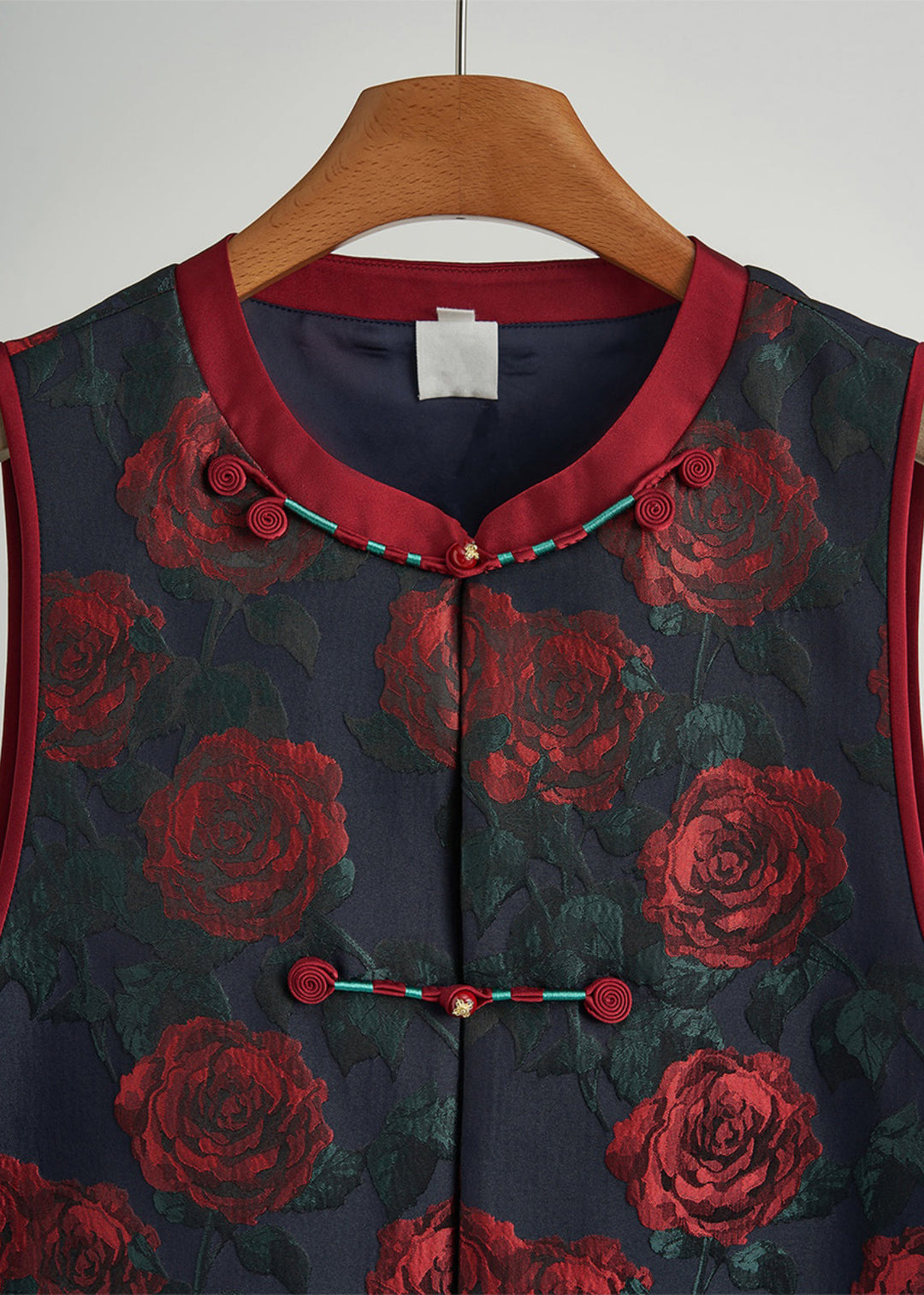 Elegant Black Chinese Button Floral Jacquard Silk Vests Fall