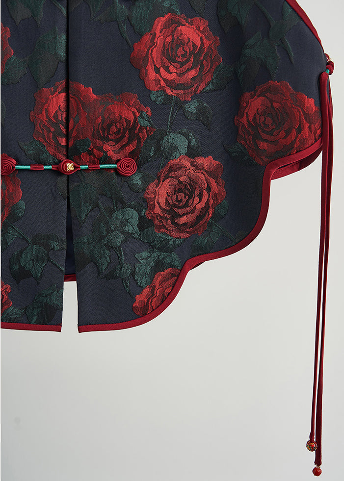 Elegant Black Chinese Button Floral Jacquard Silk Vests Fall