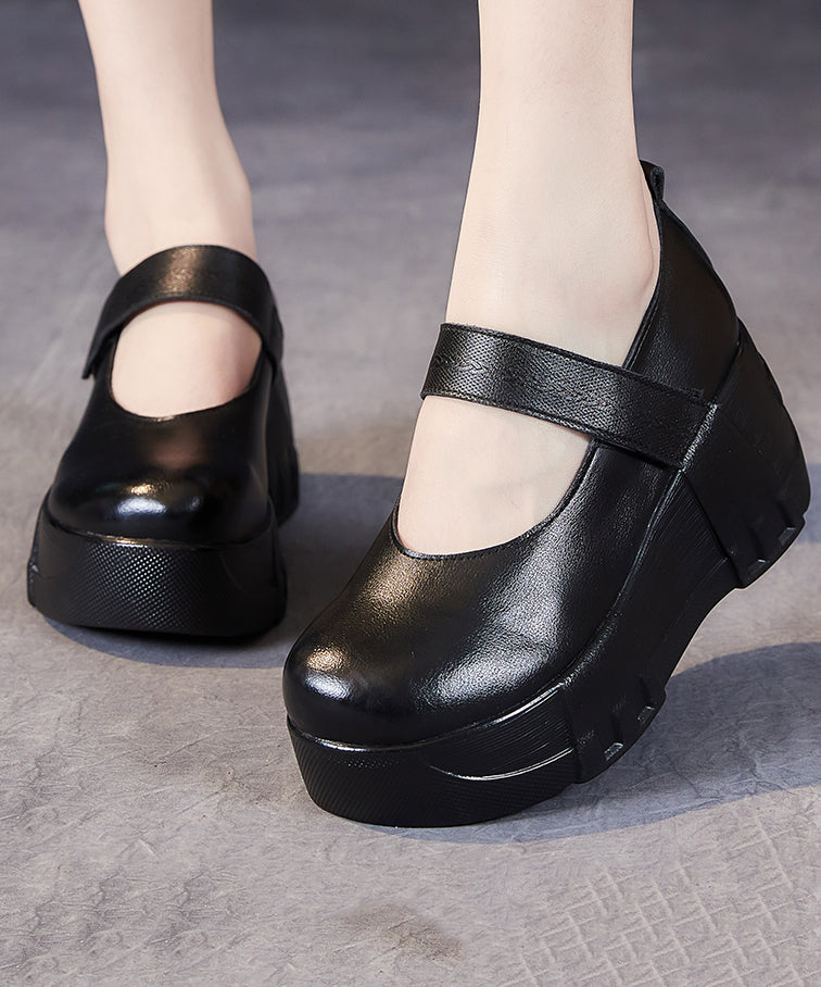 Elegant Black Cowhide Leather Buckle Strap High Wedge Heels Shoes