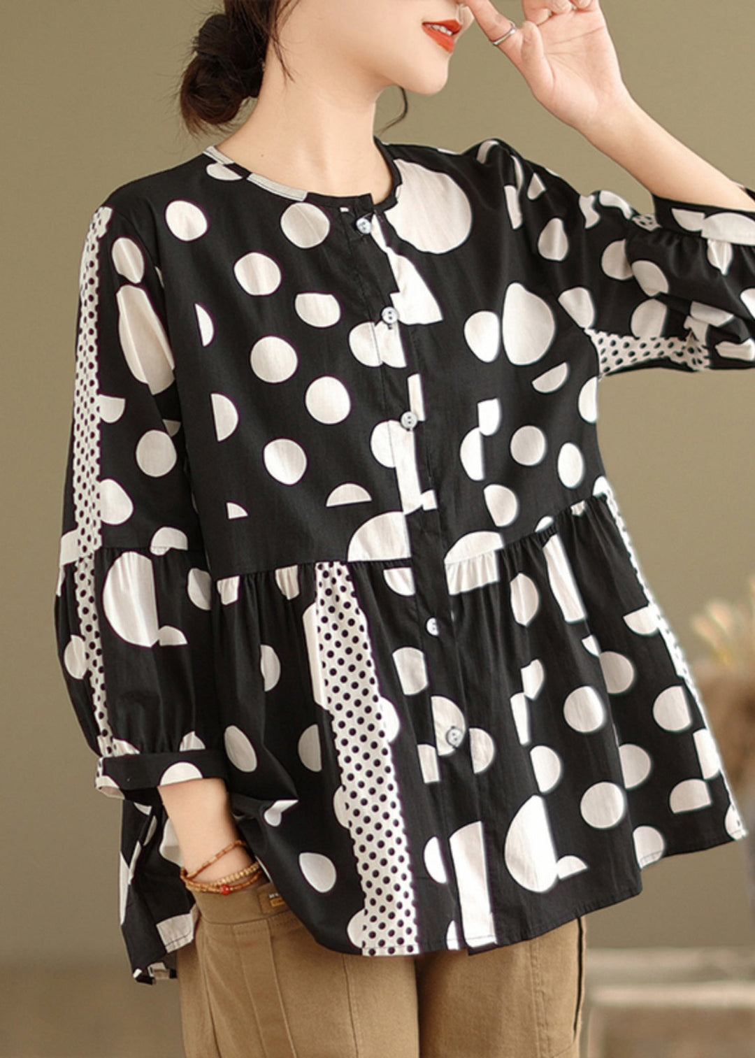 Elegant Black Dot Patchwork Button Shirt Spring