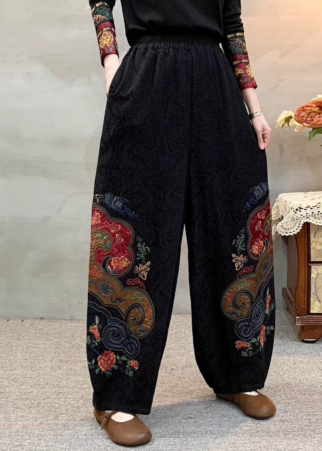 Elegant Black Embroidered Oversized Linen Pants Spring