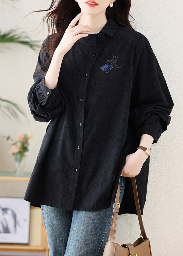 Elegant Black Embroideried Cotton Shirt Fall