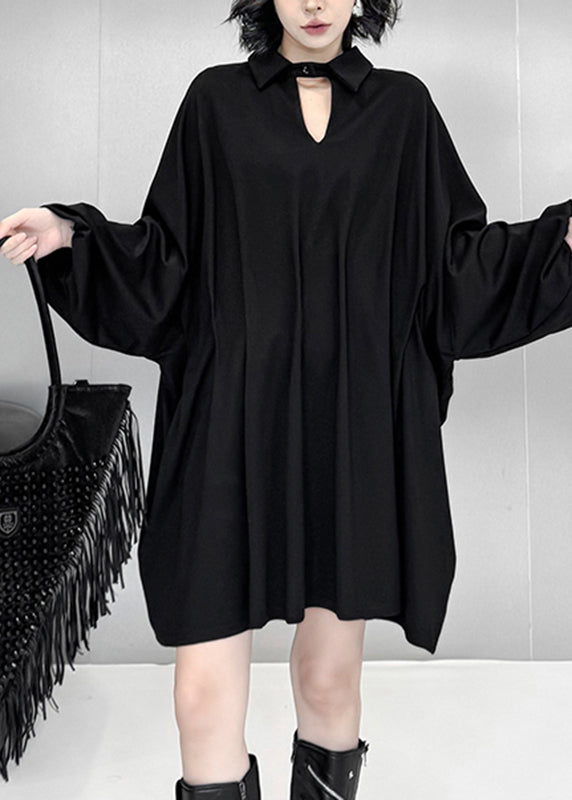 Elegant Black Hollow Out Solid Mid Dress Lantern Sleeve