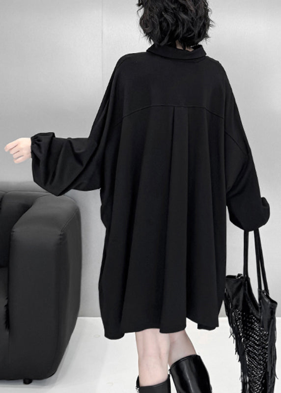 Elegant Black Hollow Out Solid Mid Dress Lantern Sleeve